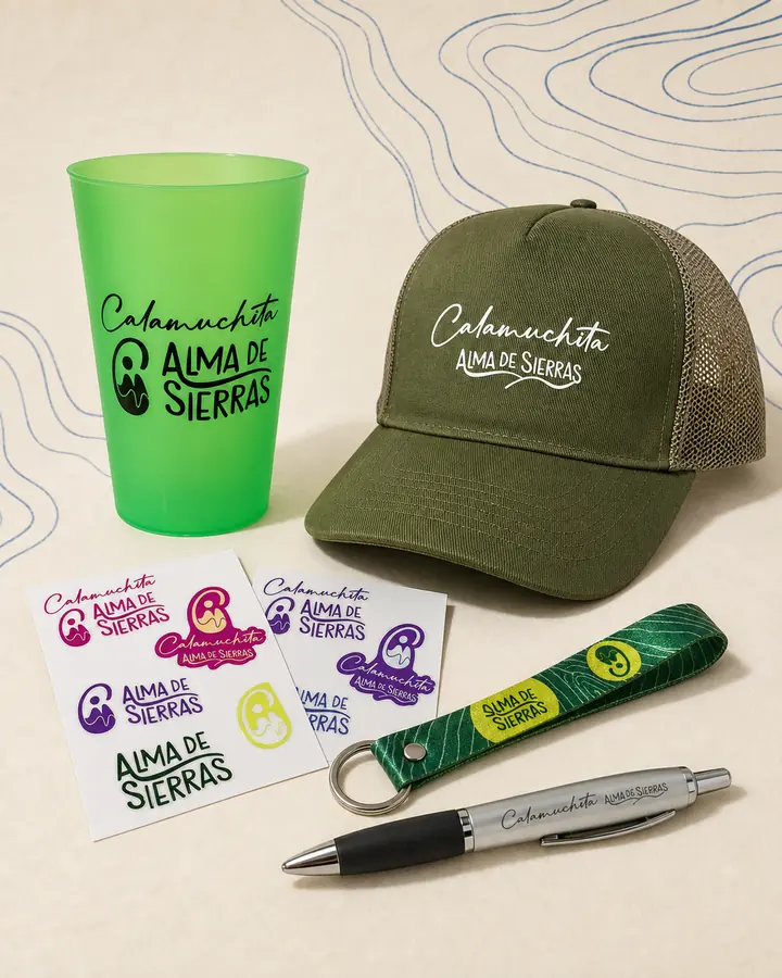Premios Alma de Sierras: vaso, gorra, stickers, llavero y lapicera